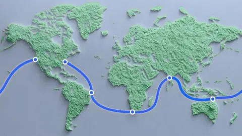 Diagrama que muestra las rutas de conectividad global del Meta Proyecto Waterworth