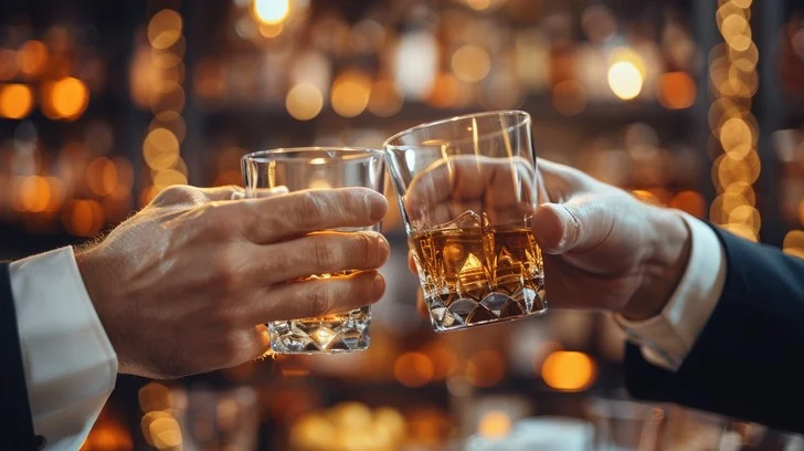 Plusieurs mains tintement de dégustation de whisky de verres | PGN Business Insider