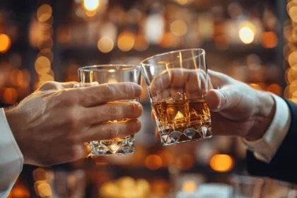 Several hands clinking whiskey tasting glasses | PGN Business Insider