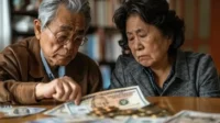 Elderly couple reviewing household bills, highlighting financial pressures faced by older adults. | Wealth-Hoarding Boomers