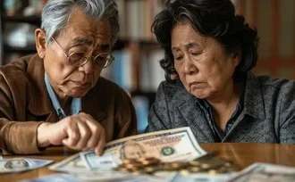 Elderly couple reviewing household bills, highlighting financial pressures faced by older adults. | Wealth-Hoarding Boomers