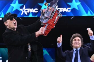 Elon Musk holds a chainsaw alongside Argentina’s President Javier Milei at CPAC.