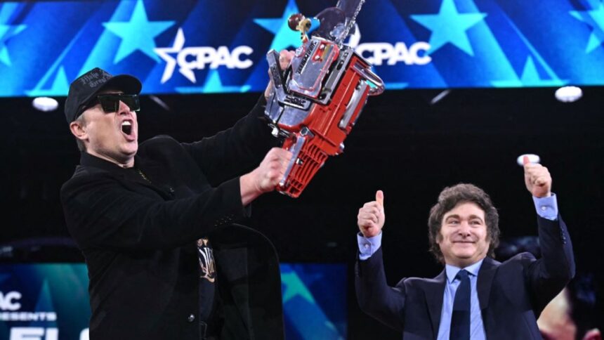 Elon Musk holds a chainsaw alongside Argentina’s President Javier Milei at CPAC.