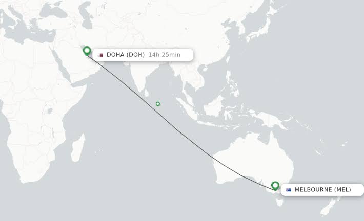 Qatar Airways | Map showing Melbourne-Doha route, highlighting 14-hour flight duration (Source: FlightRadar24)