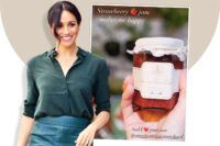 Meghan in a kitchen holding a jar of strawberry jam from her As Ever lifestyle collection.