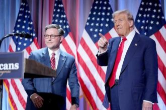 President Trump addressing Congress, with Speaker Mike Johnson nearby | Trump backed spending bill