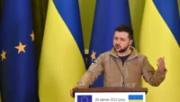 Ukrainian President Zelensky speaking at a press conference.