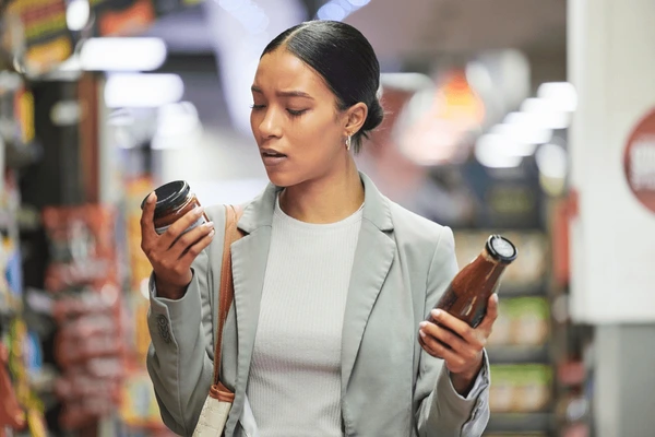 Woman in a supermarket comparing prices, highlighting rising food costs. | UK inflation rate