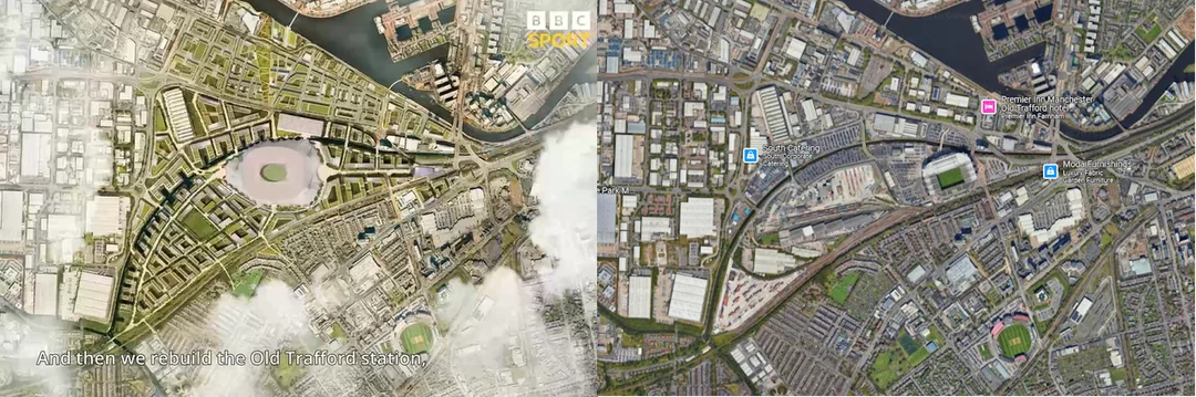 Aerial view of the proposed stadium site near Old Trafford and surrounding regeneration areas. Man Utd stadium Man Utd stadium