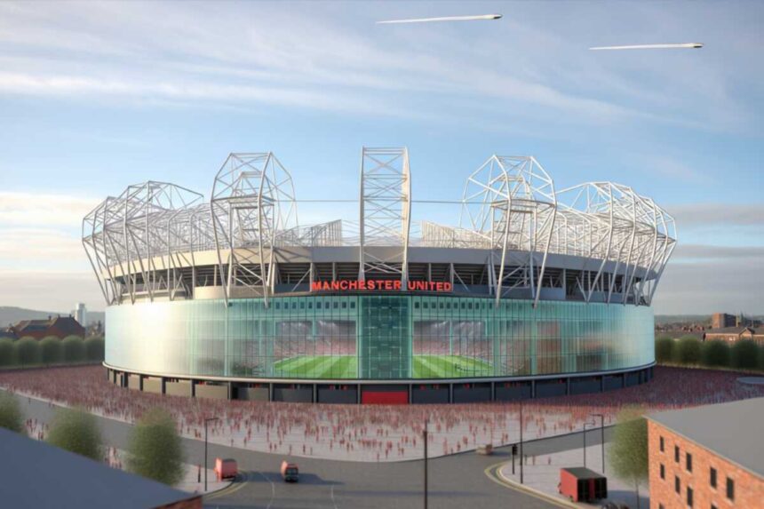 Architectural rendering showing three 200-meter-high 'trident' masts at the new stadium. Man Utd stadium