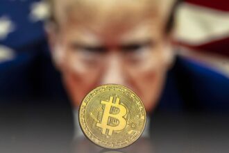 Bitcoin mockup in front of an image of US President Donald Trump (EPA). Trump Bitcoin reserve | PGN Business Insider