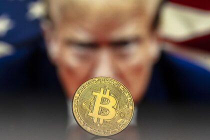 Bitcoin mockup in front of an image of US President Donald Trump (EPA). Trump Bitcoin reserve