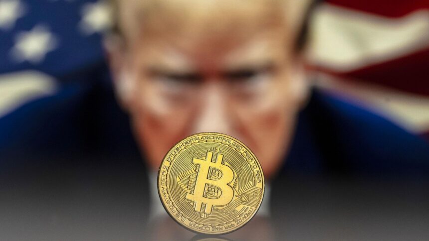 Bitcoin mockup in front of an image of US President Donald Trump (EPA). Trump Bitcoin reserve