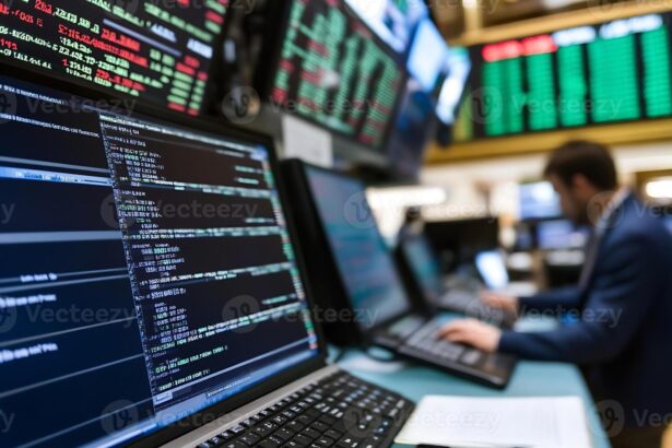 Busy trading floor with screens displaying stock market data. | European stocks