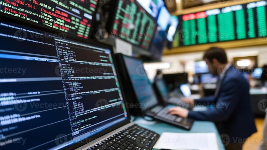 Busy trading floor with screens displaying stock market data. | European stocks