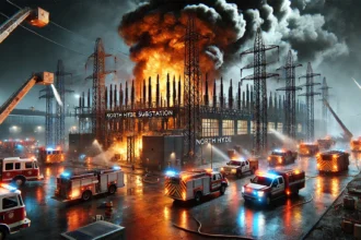A realistic scene of the North Hyde substation on fire at night. Thick black smoke rises into the sky, with bright orange flames engulfing parts of th | PGN Business Insider