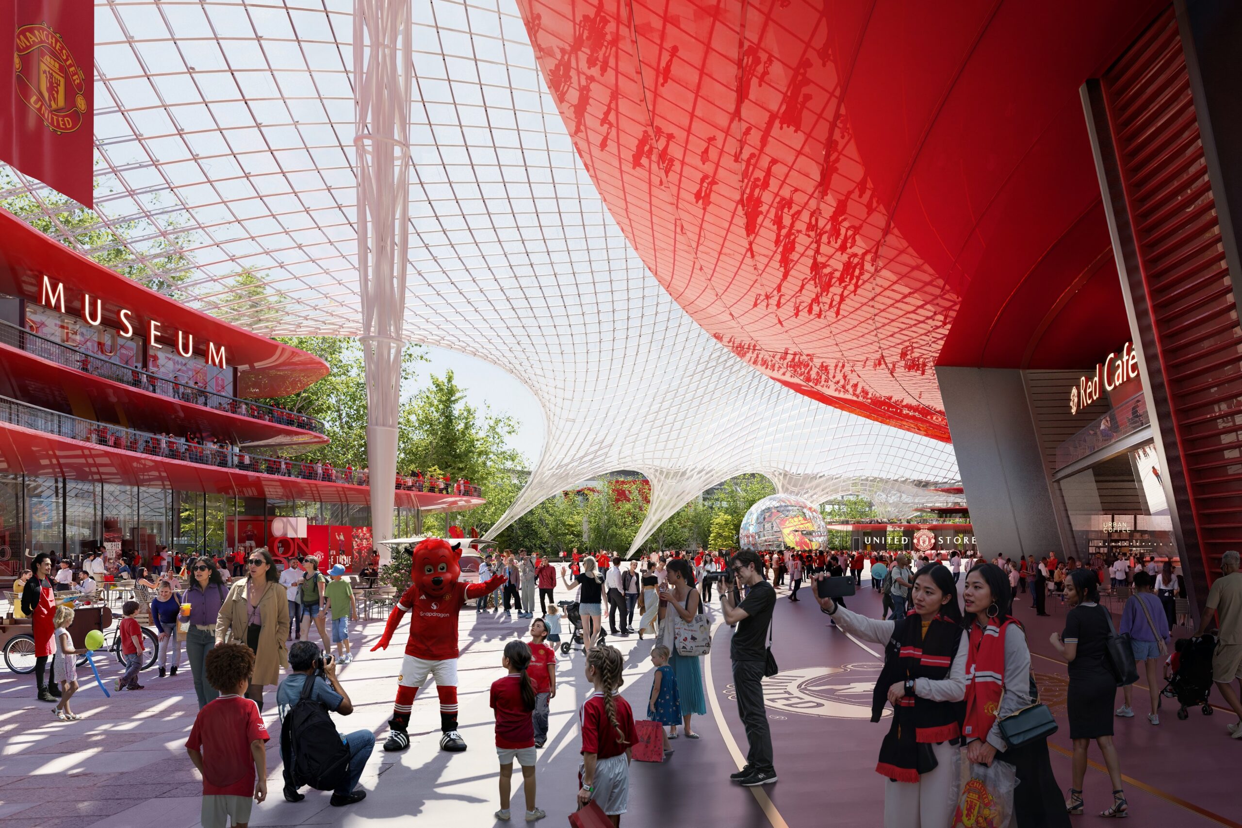 Design concept of a public plaza at the new stadium, twice the size of Trafalgar Square.  Man Utd stadium