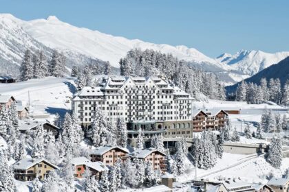 Swiss Alps luxury hotel with ski slopes in background | Switzerland luxury tourism