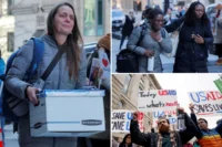 woman pushing personal items on a skateboard outside former USAID offices