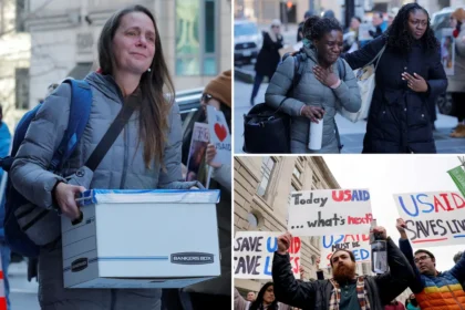 woman pushing personal items on a skateboard outside former USAID offices